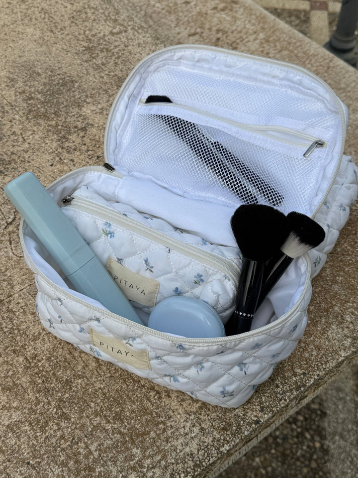 Large Makeup Bag - White Cute Flower