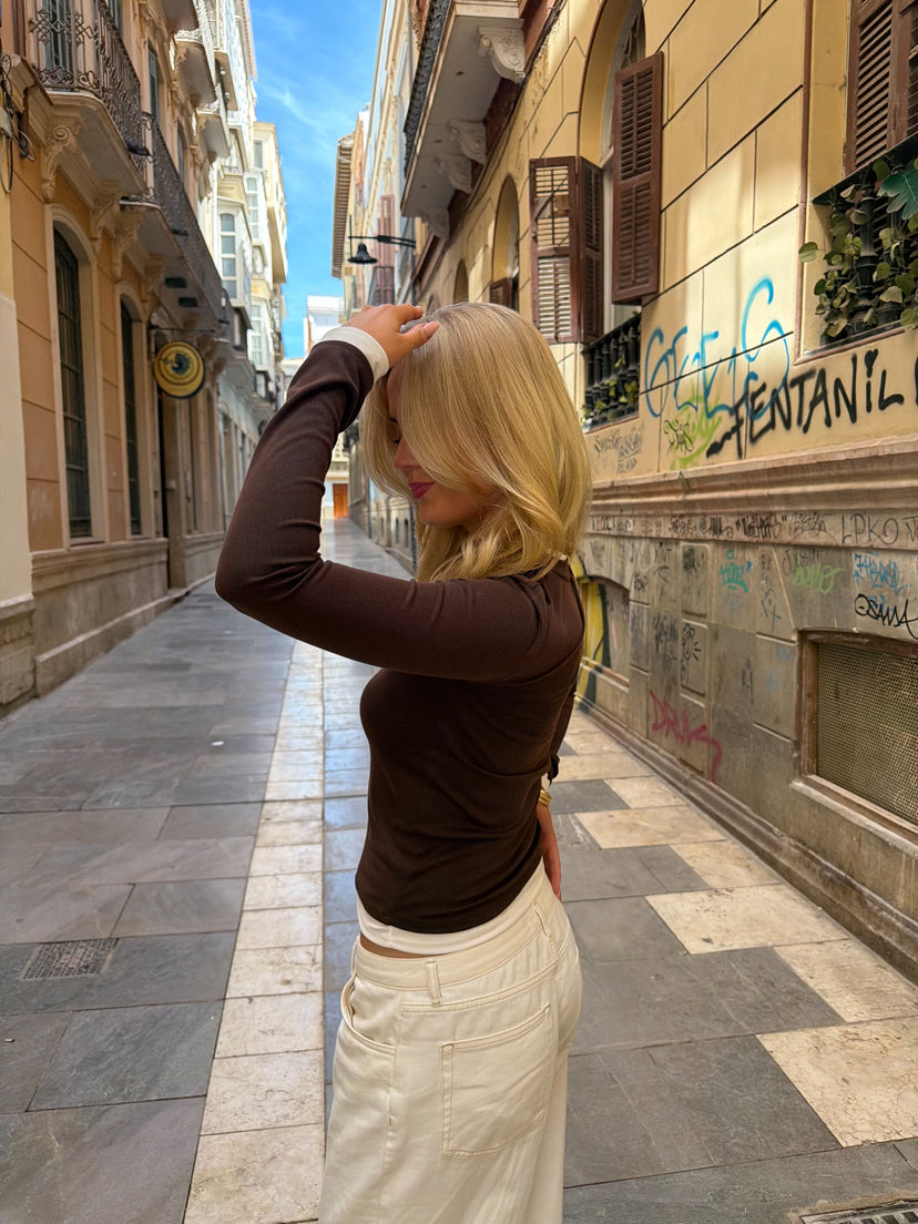 Katrina Contrast Top - Dark Brown/White