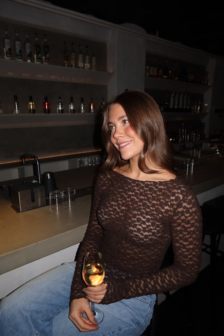 Elisa Lace Boatneck Top - Espresso Brown