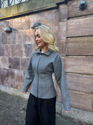 Paula Waisted Zip Jacket - Light Grey Melange