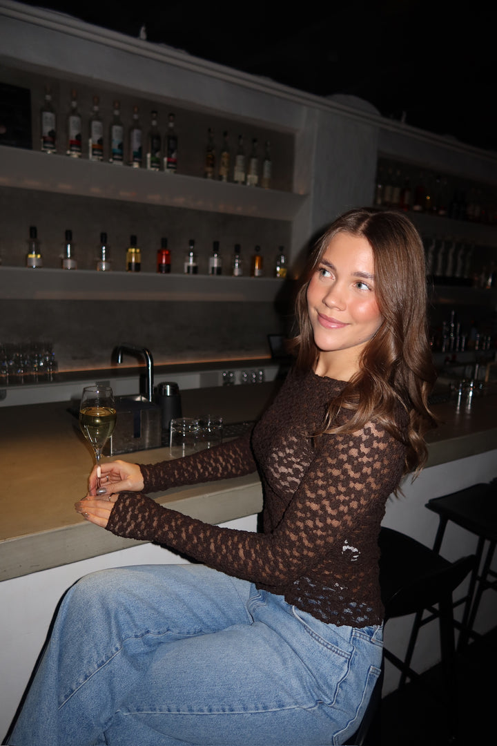 Elisa Lace Boatneck Top - Espresso Brown