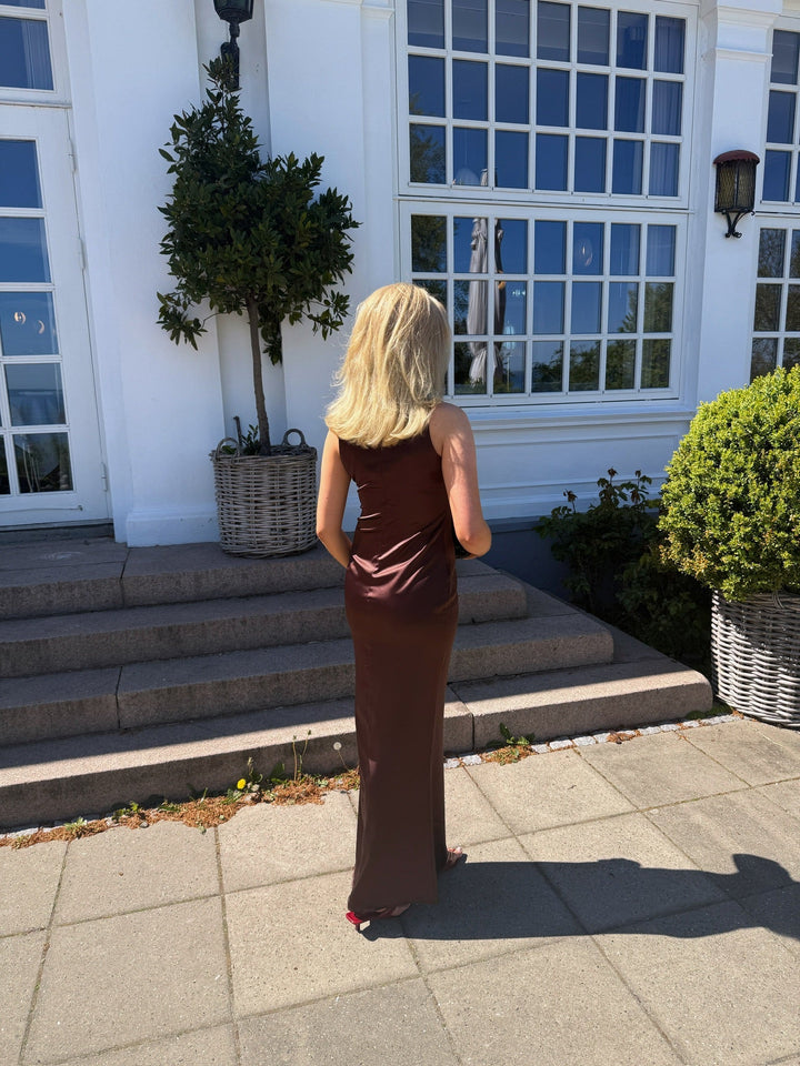 Preloved Ella Satin V-neck Dress - Dark Brown