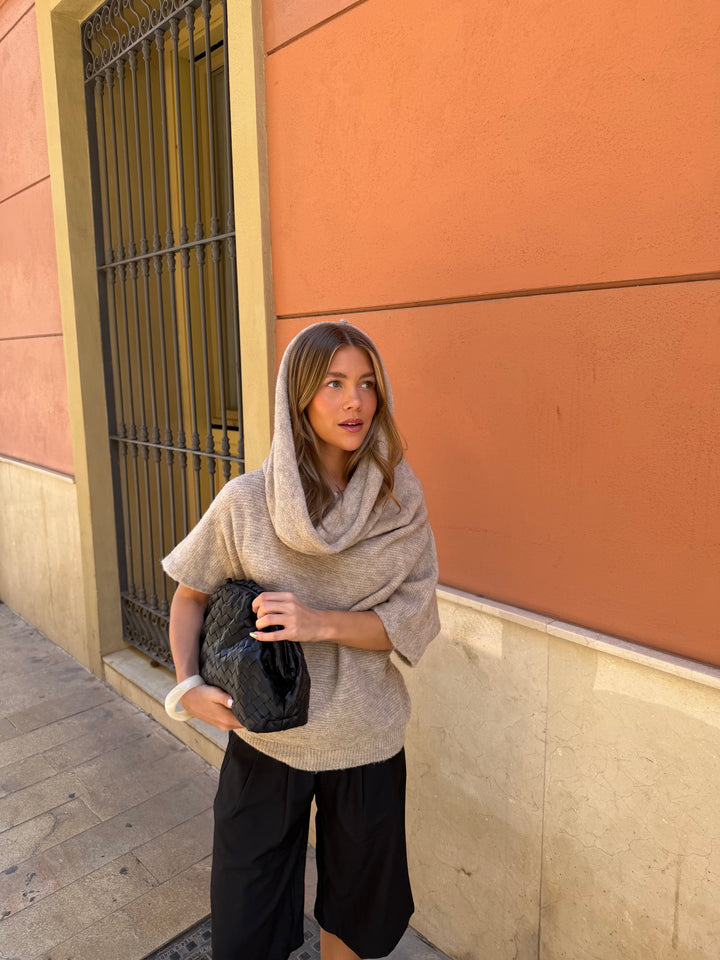 Rita Off Shoulder Hood Knit - Beige Melange