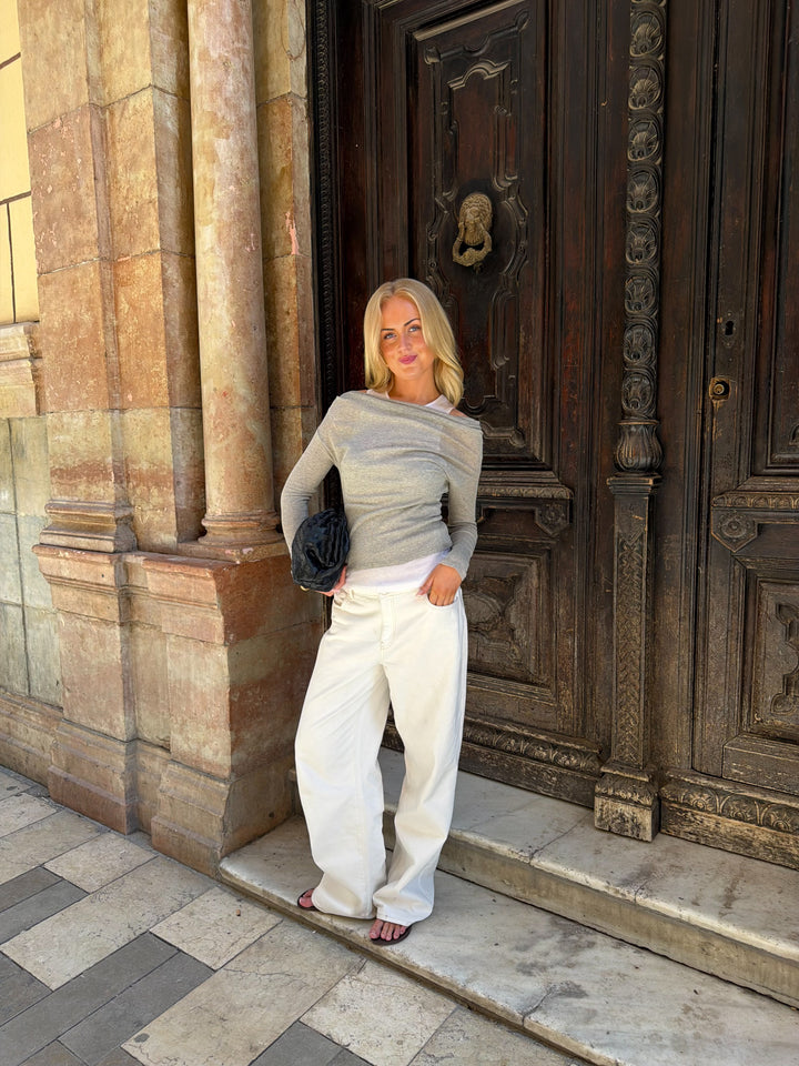 Medina Off Shoulder Double Top - Light Grey Melange/White