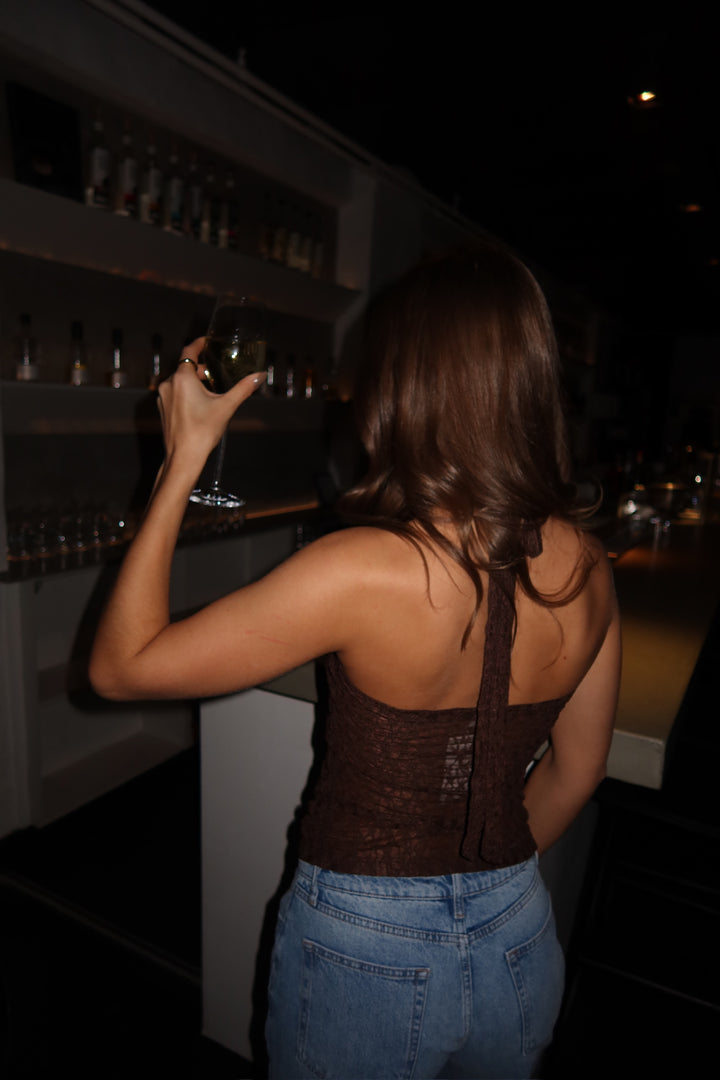 Odine Lace Cross Neck Top - Espresso Brown