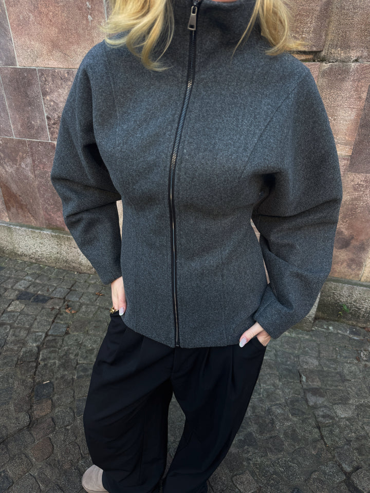 Paula Waisted Zip Jacket - Dark Grey Melange