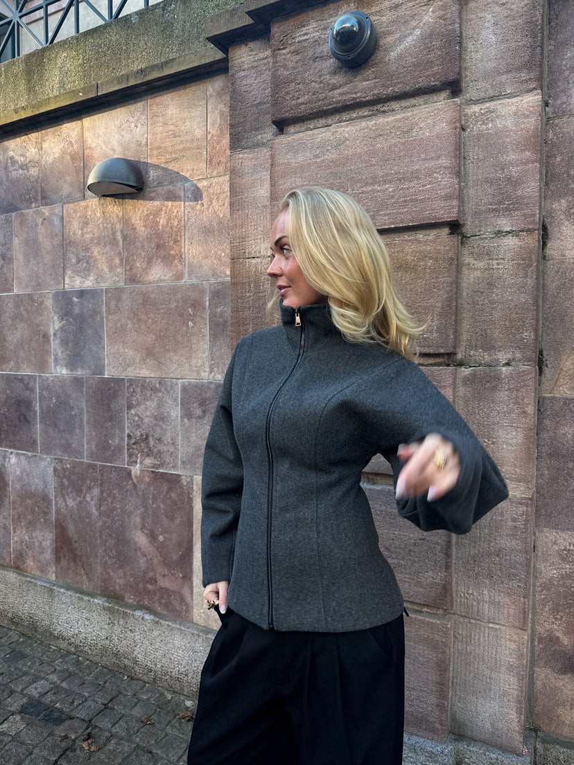 Paula Waisted Zip Jacket - Dark Grey Melange