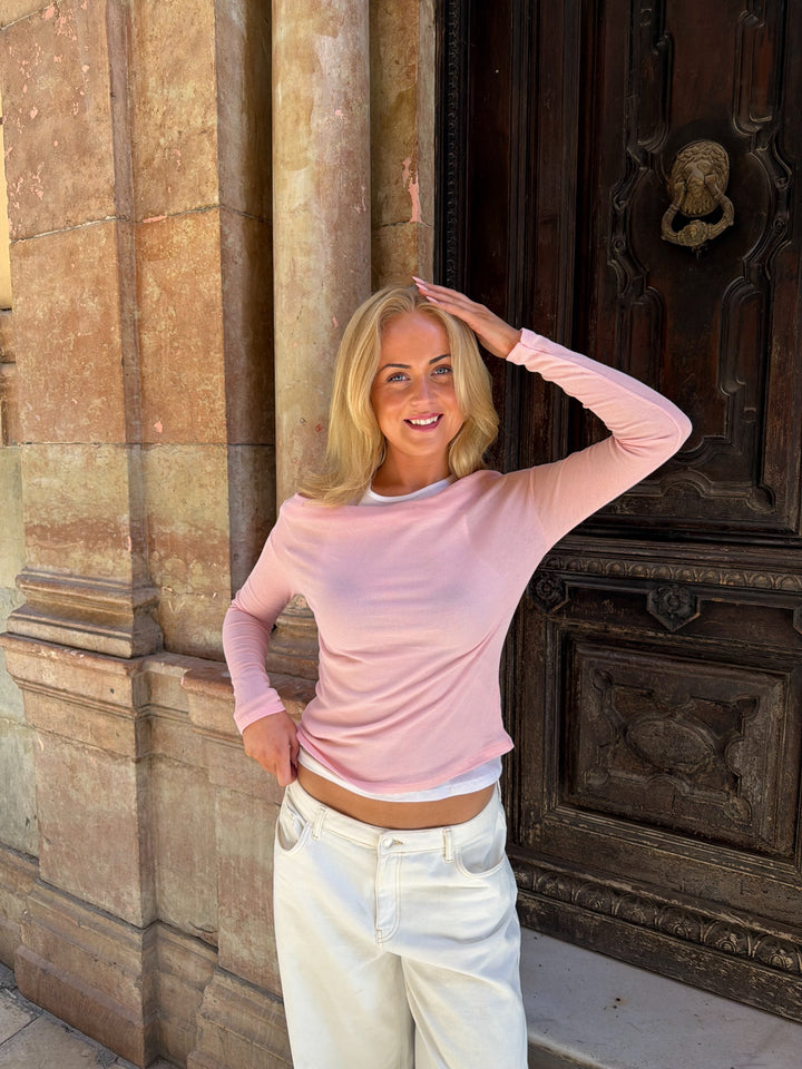 Medina Off Shoulder Double Top - Light Pink/White