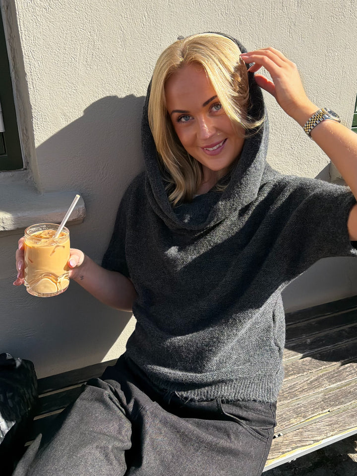 Rita Off Shoulder Hood Knit - Dark Grey Melange