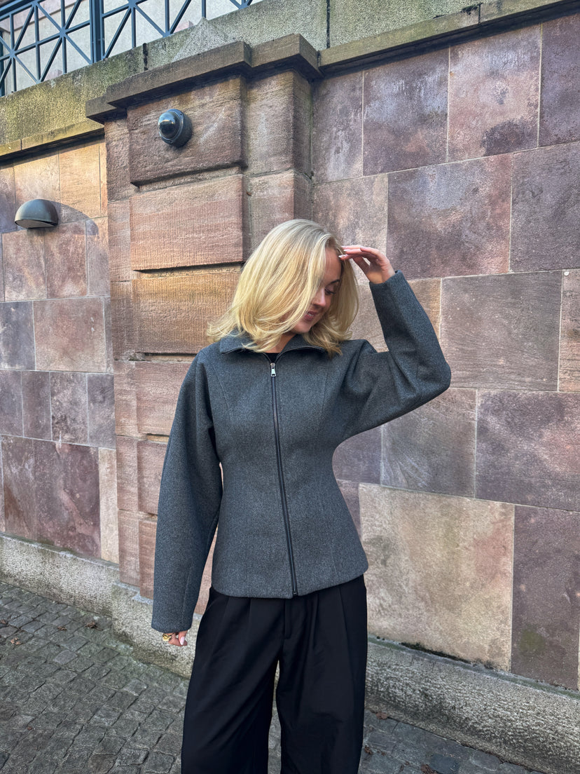 Paula Waisted Zip Jacket - Dark Grey Melange
