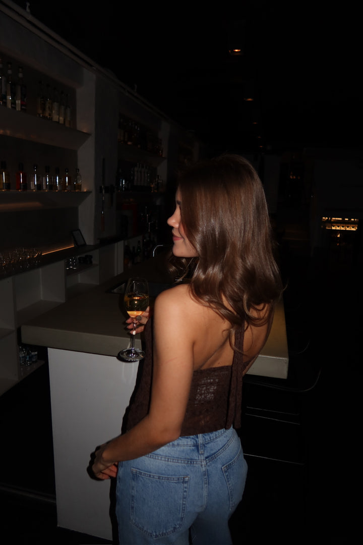 Odine Lace Cross Neck Top - Espresso Brown