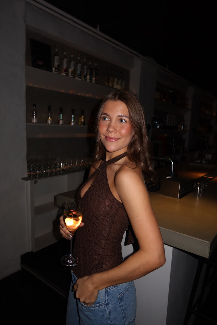 Odine Lace Cross Neck Top - Espresso Brown