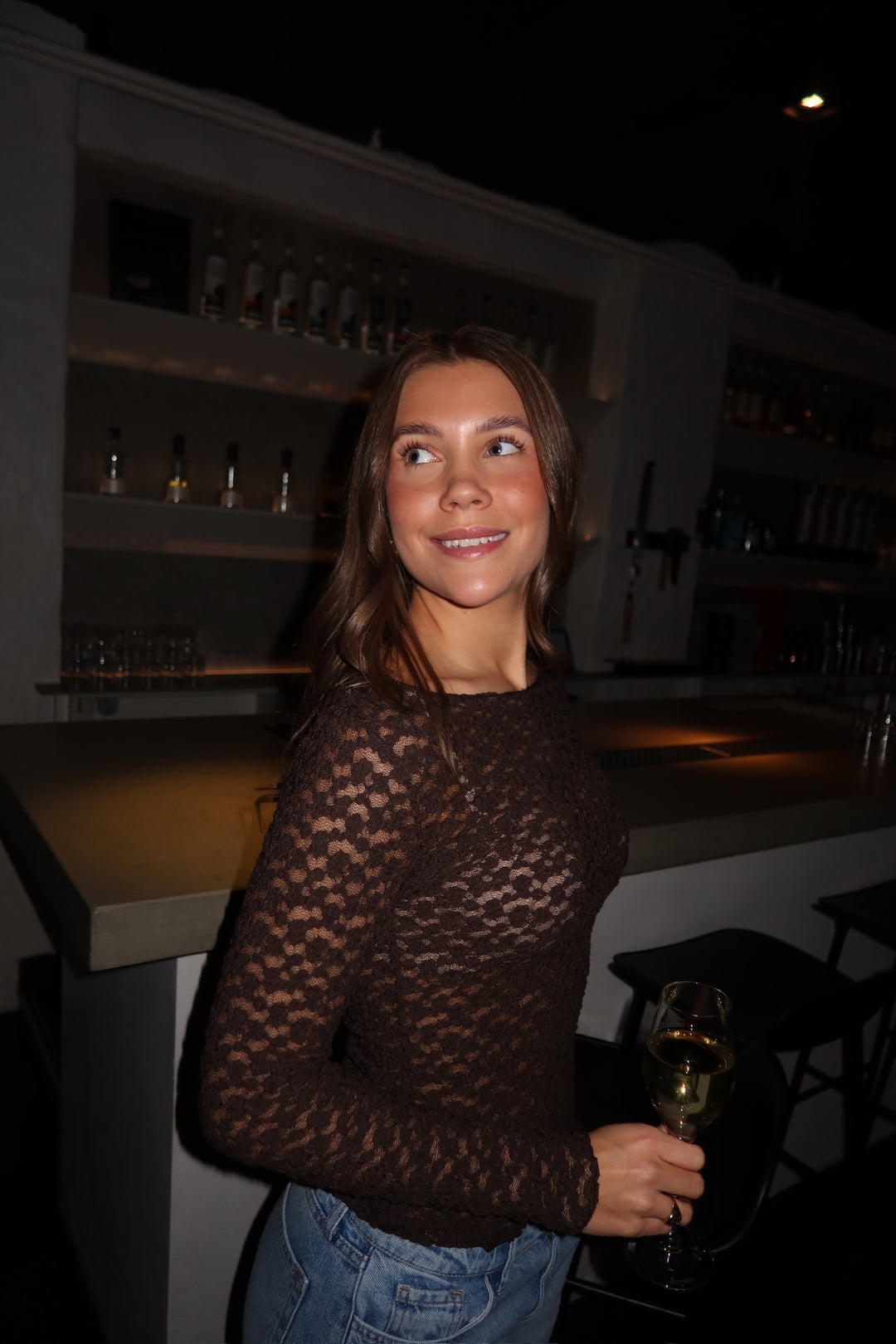 Elisa Lace Boatneck Top - Espresso Brown