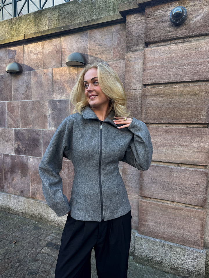 Paula Waisted Zip Jacket - Light Grey Melange
