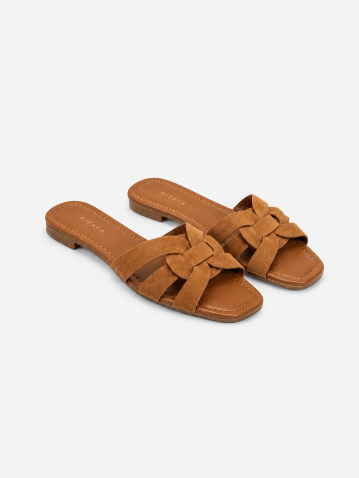 Elly Strap Flats - Faux Suede Camel
