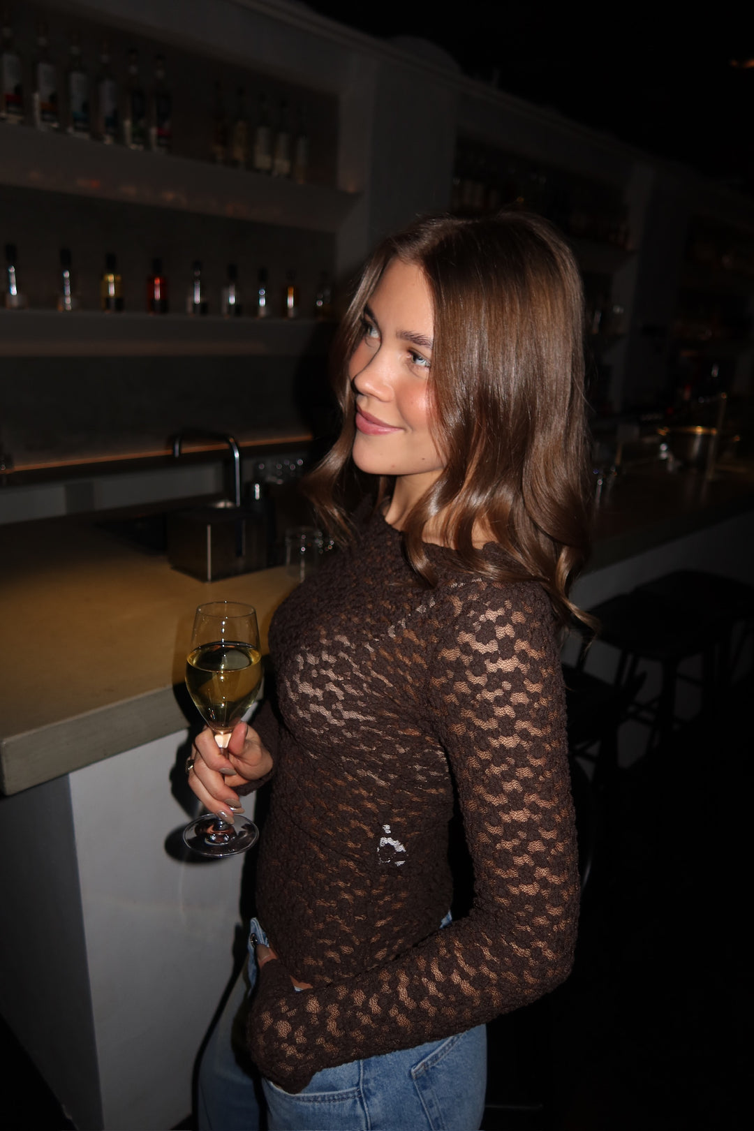 Elisa Lace Boatneck Top - Espresso Brown