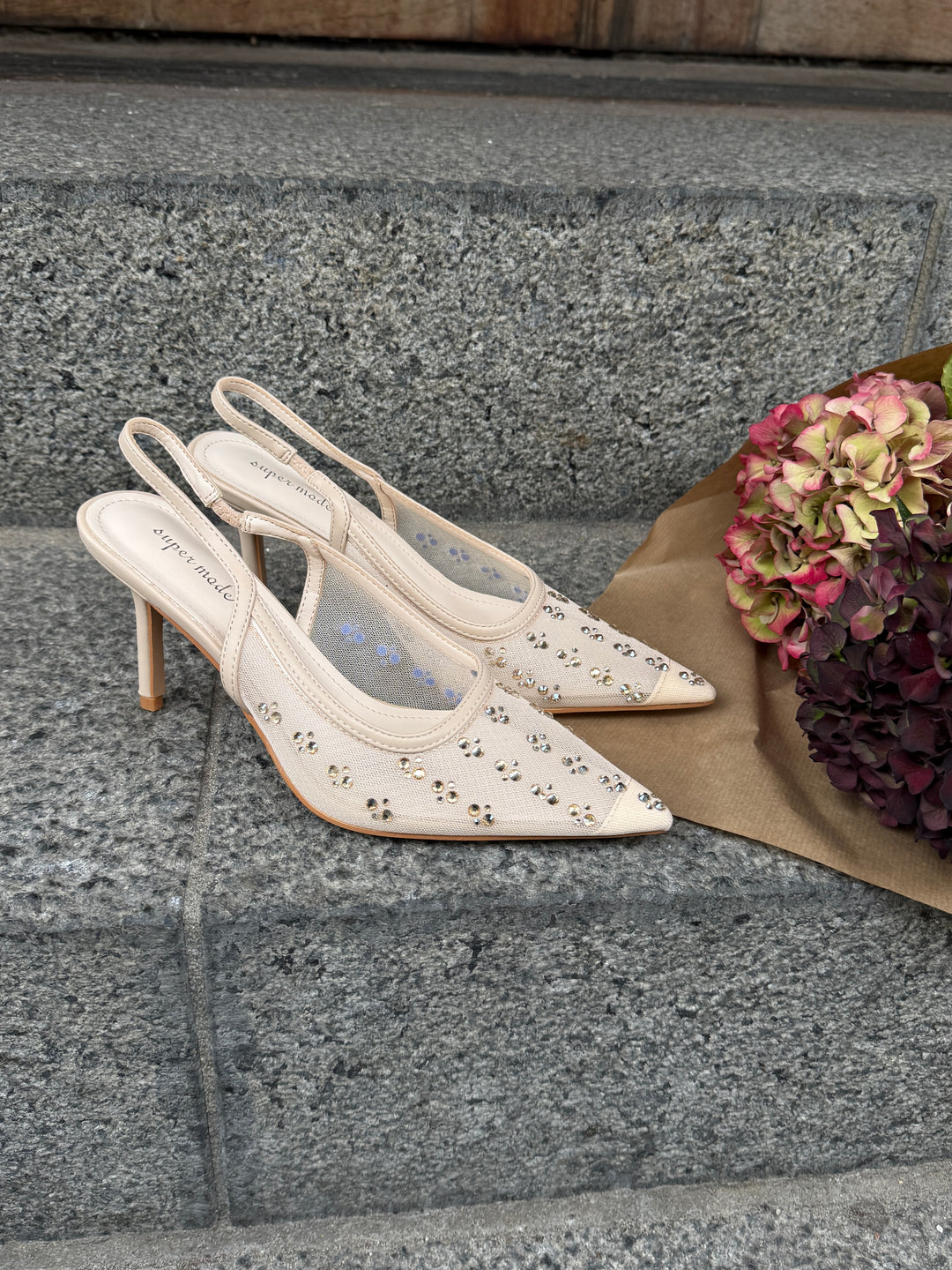 Felia Crystal Mesh Heels - Bege