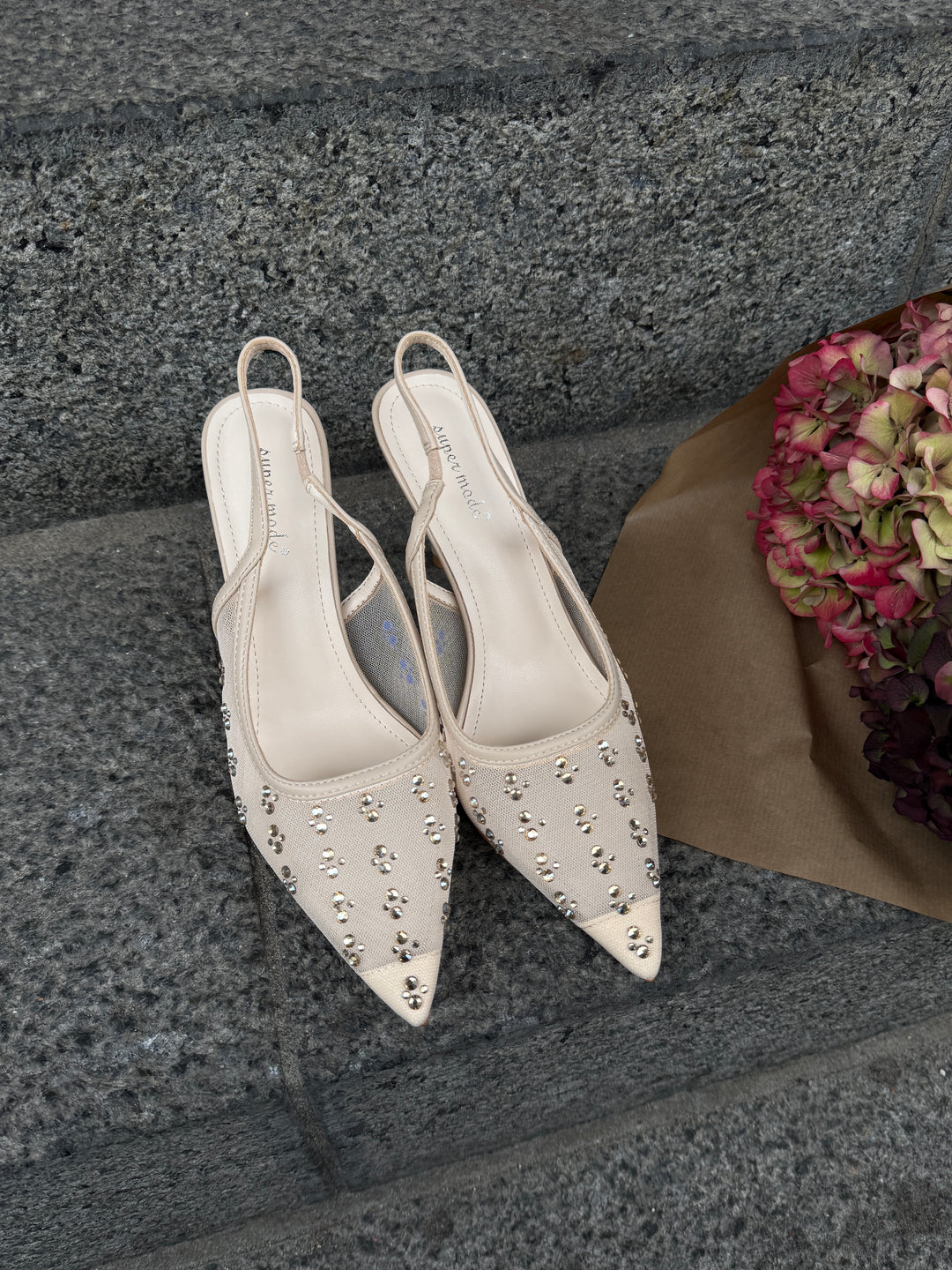 Felia Crystal Mesh Heels - Bege