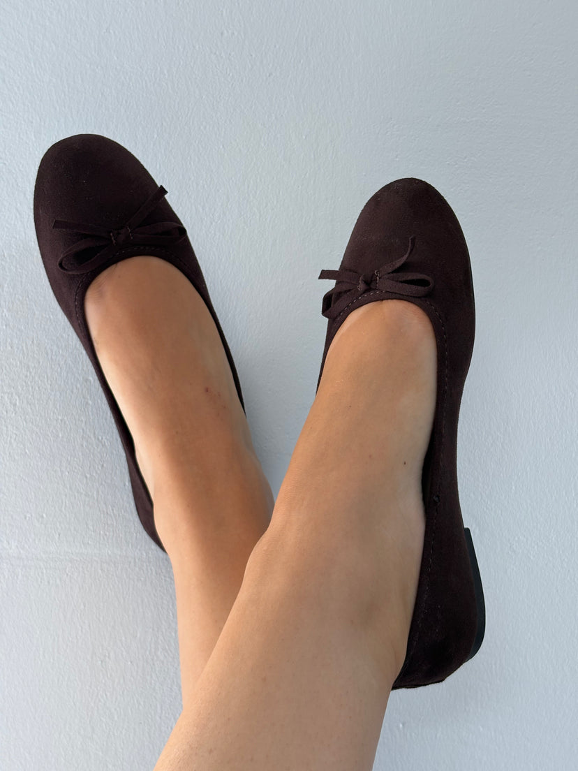 Dora Bow Ballerina - Faux Suede Dark Brown