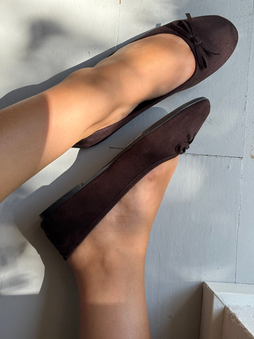 Dora Bow Ballerina - Faux Suede Dark Brown