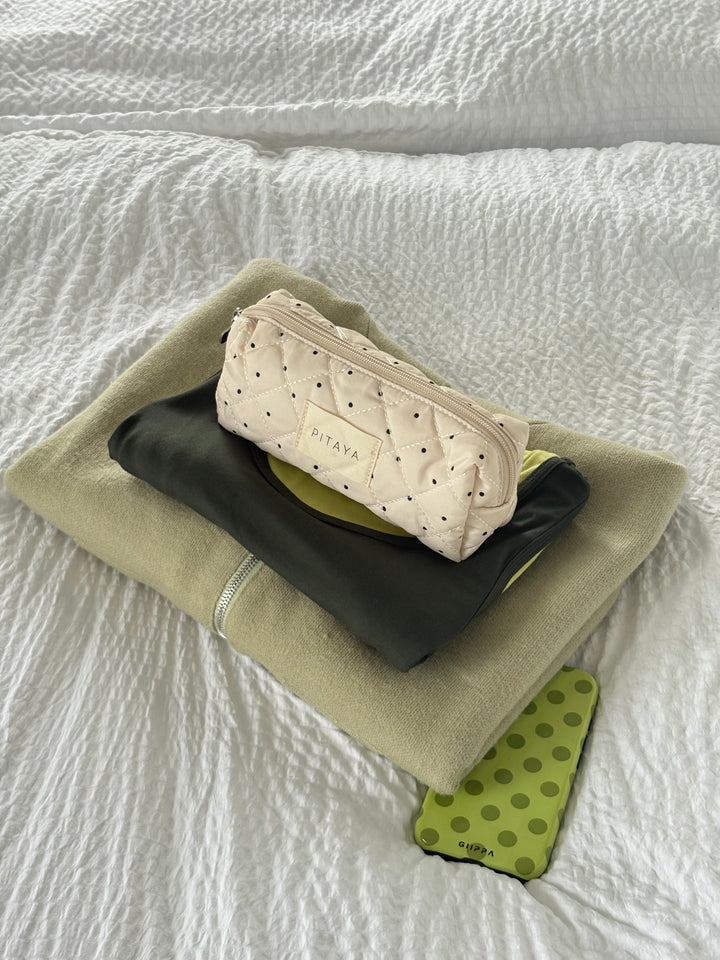 Small Makeup Bag - Beige/Black Dots