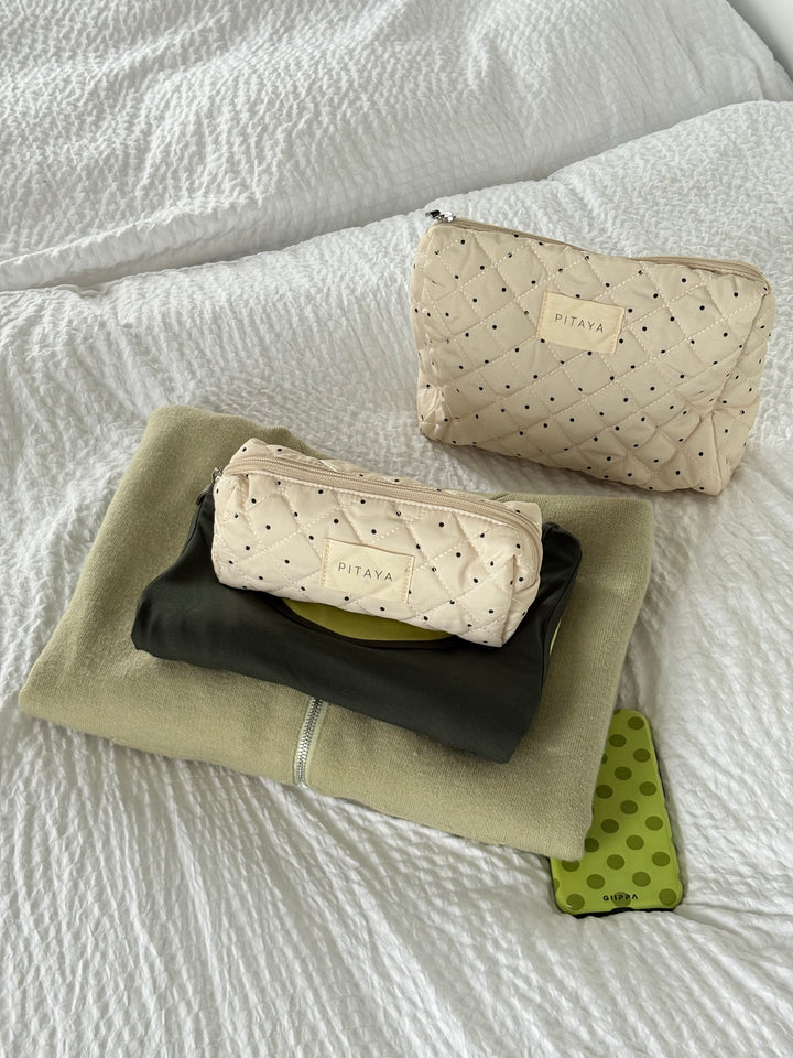 Medium Makeup Bag - Beige/Black Dots