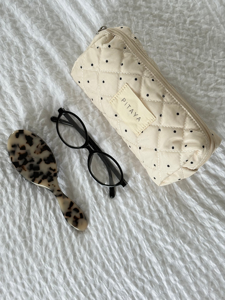 Small Makeup Bag - Beige/Black Dots