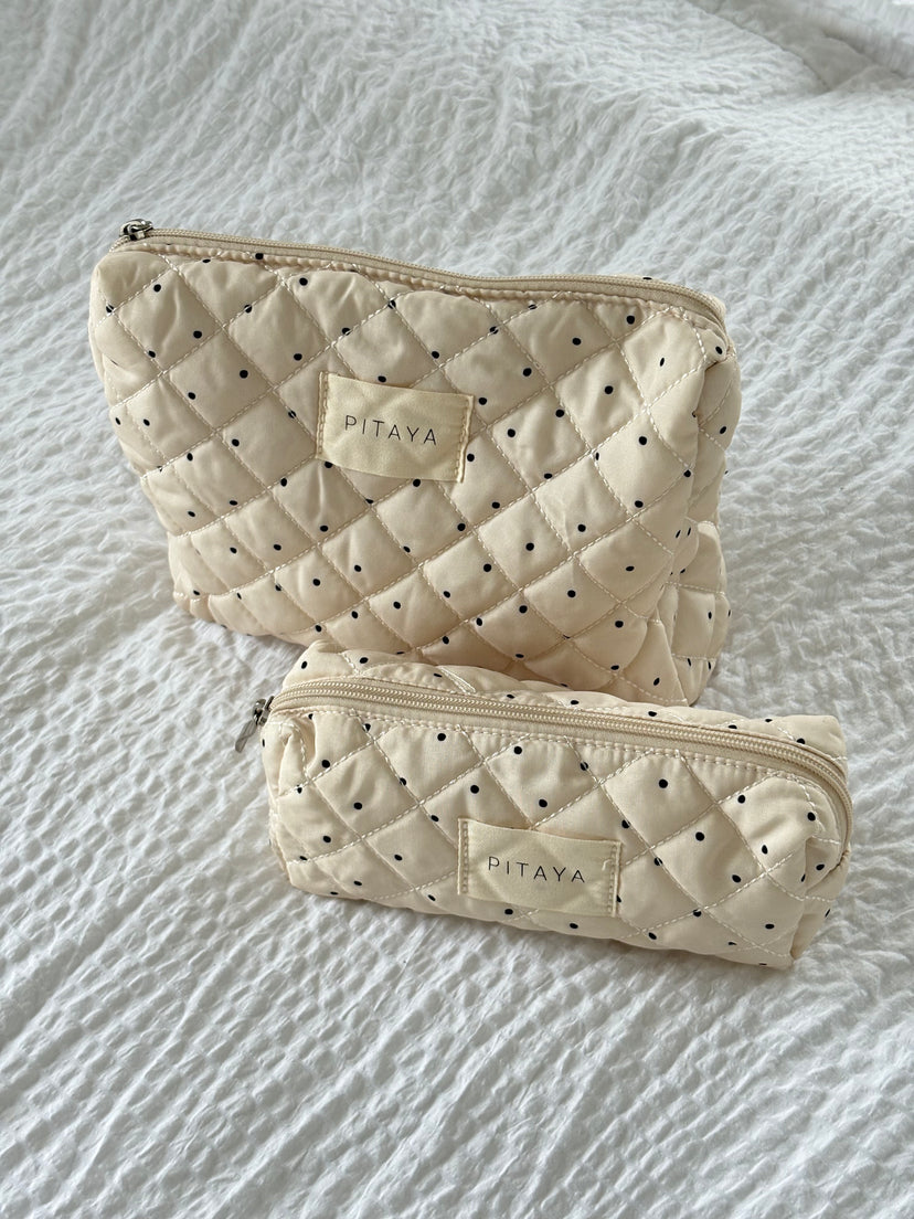 Small Makeup Bag - Beige/Black Dots