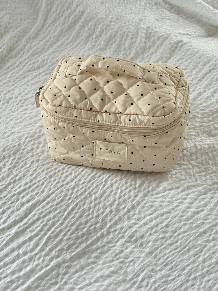 Large Makeup Bag - Beige/Black Dots