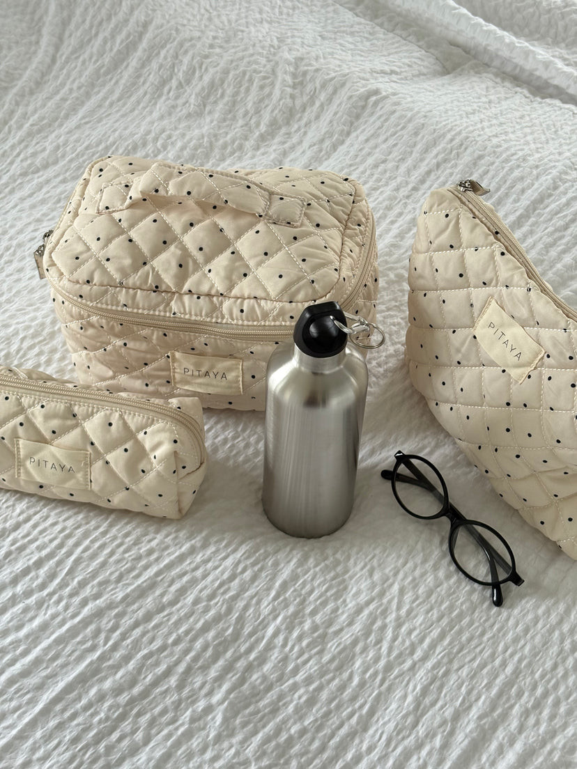 Large Makeup Bag - Beige/Black Dots