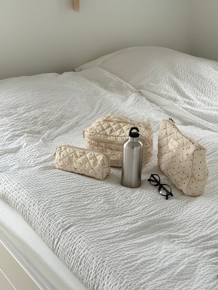 Medium Makeup Bag - Beige/Black Dots