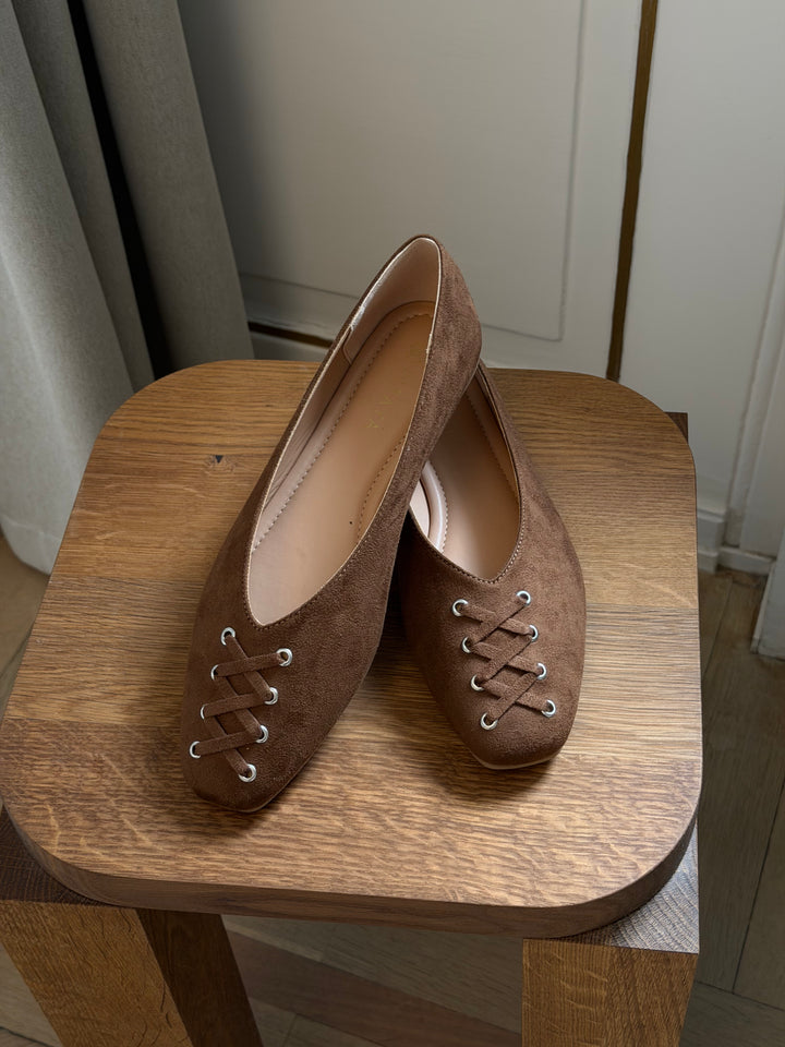 Kira Tie Ballerina - Faux Suede Cognac Brown