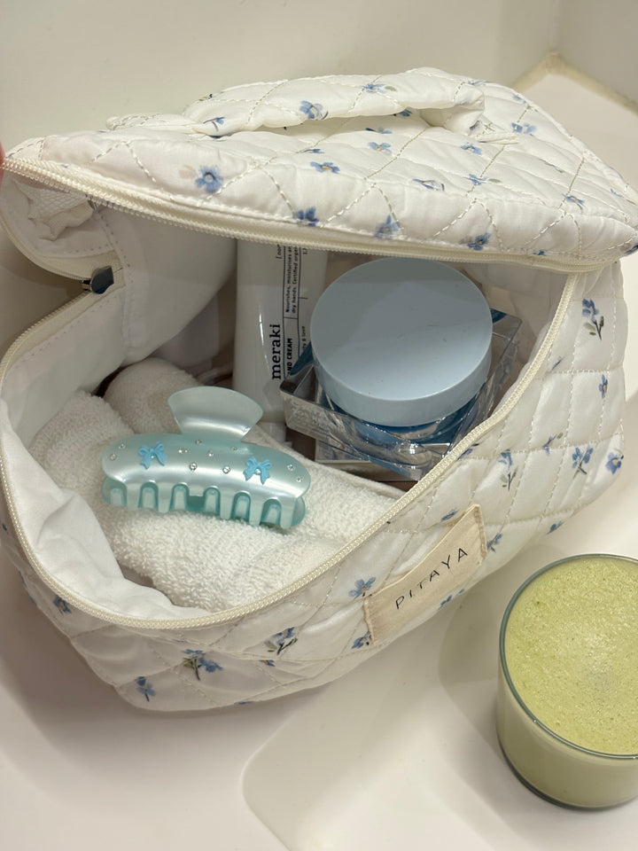 Large Makeup Bag - White Cute Flower
