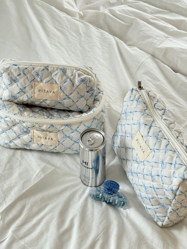 Large Makeup Bag - Blue Bow Check