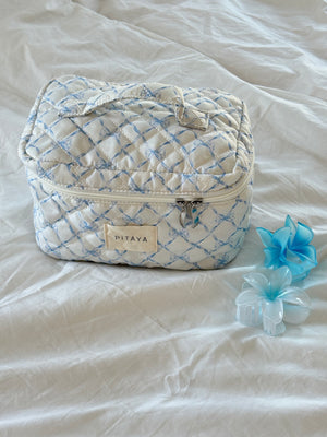 Large Makeup Bag - Blue Bow Check