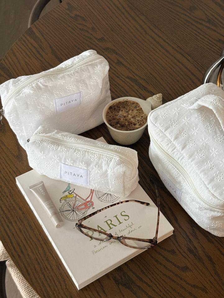 Large Makeup Bag - White Broderie Anglaise