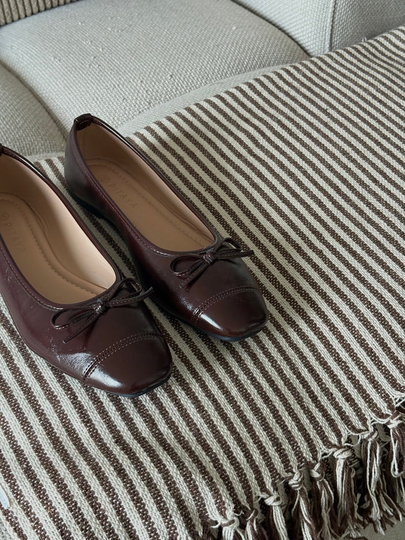 Irina Square Bow Ballerina - Shiny Dark Brown
