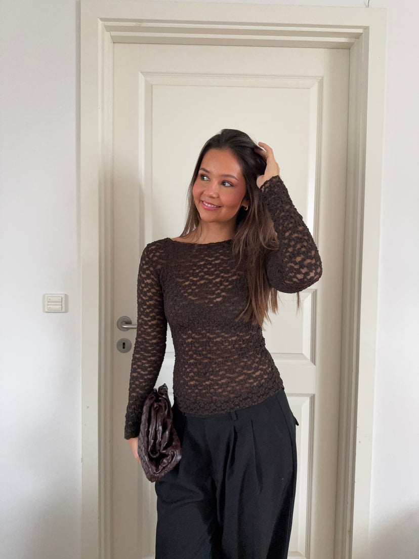 Elisa Lace Boatneck Top - Espresso Brown