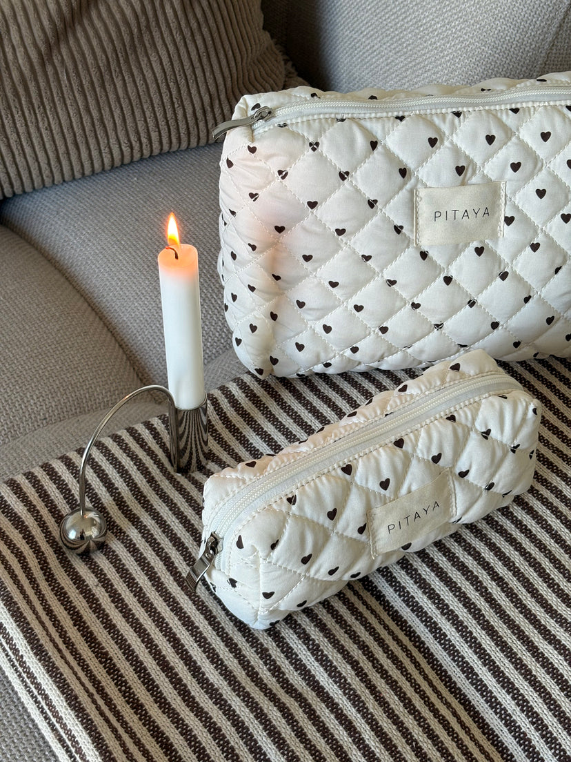Small Makeup Bag - Beige/Dark Brown Hearts