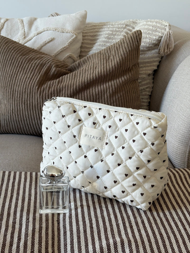 Medium Triangle Makeup Bag - Beige/Dark Brown Hearts