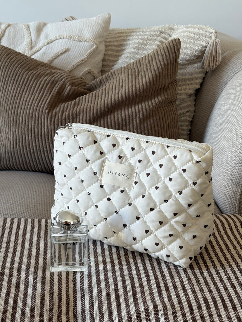 Medium Triangle Makeup Bag - Beige/Dark Brown Hearts