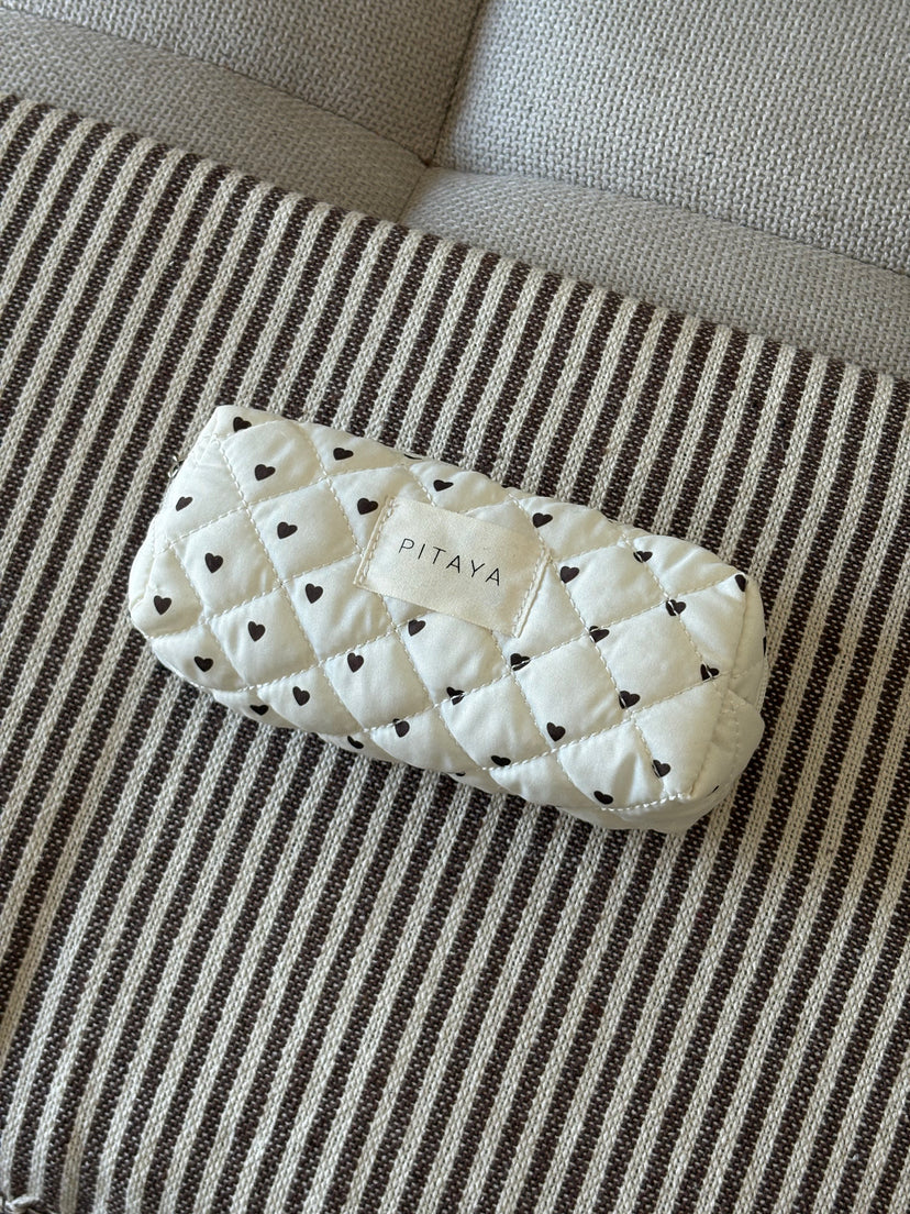 Small Makeup Bag - Beige/Dark Brown Hearts