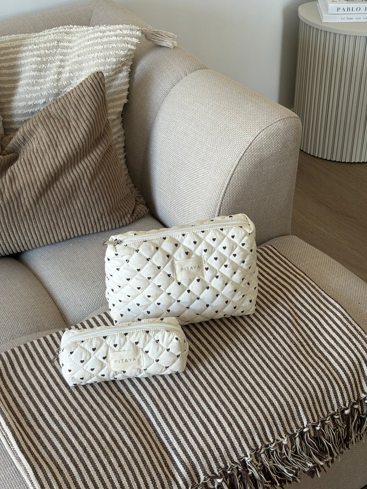 Medium Triangle Makeup Bag - Beige/Dark Brown Hearts