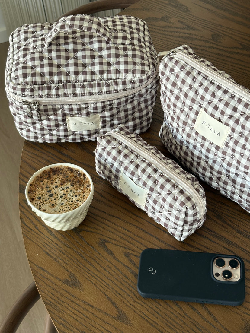 Small Makeup Bag - Espresso Brown Check