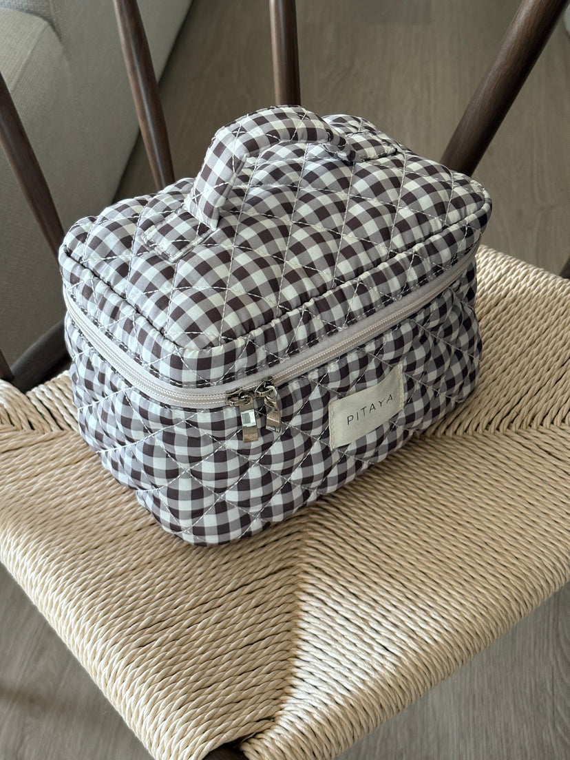Large Makeup Bag - Espresso Brown Check