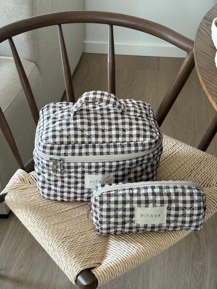 Large Makeup Bag - Espresso Brown Check