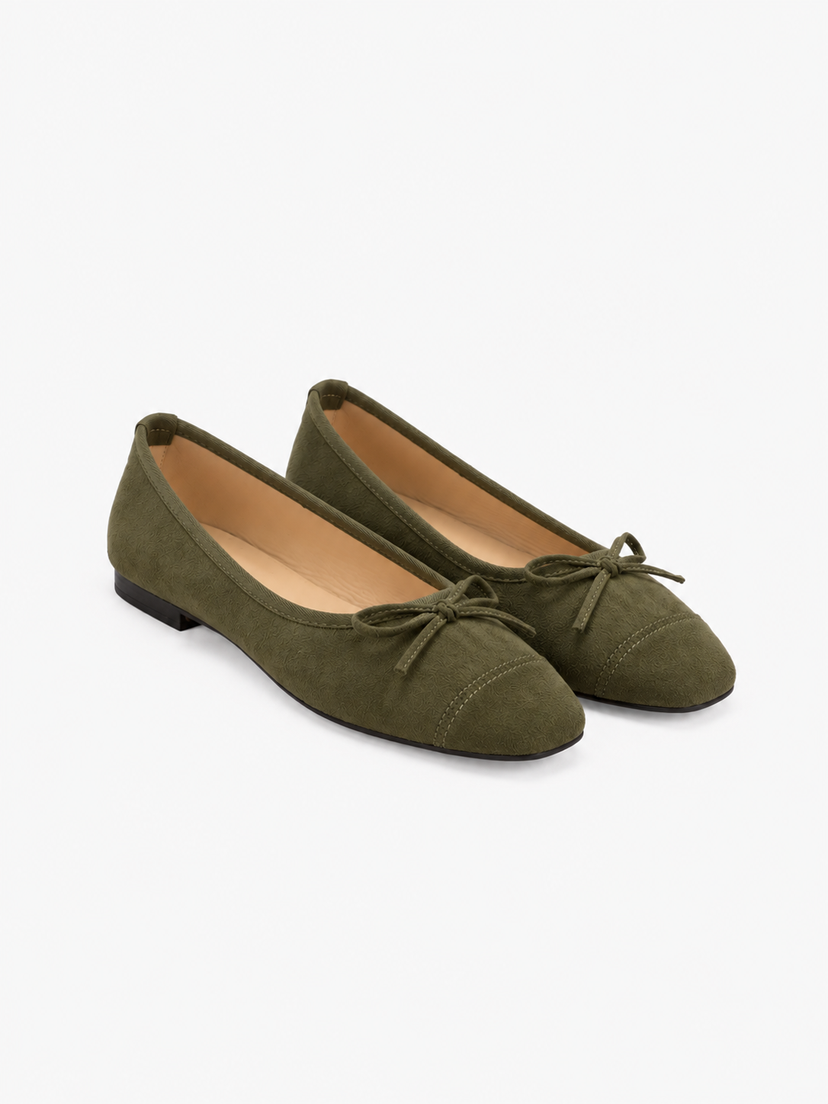 Irina Square Bow Ballerina - Faux Suede Army Green
