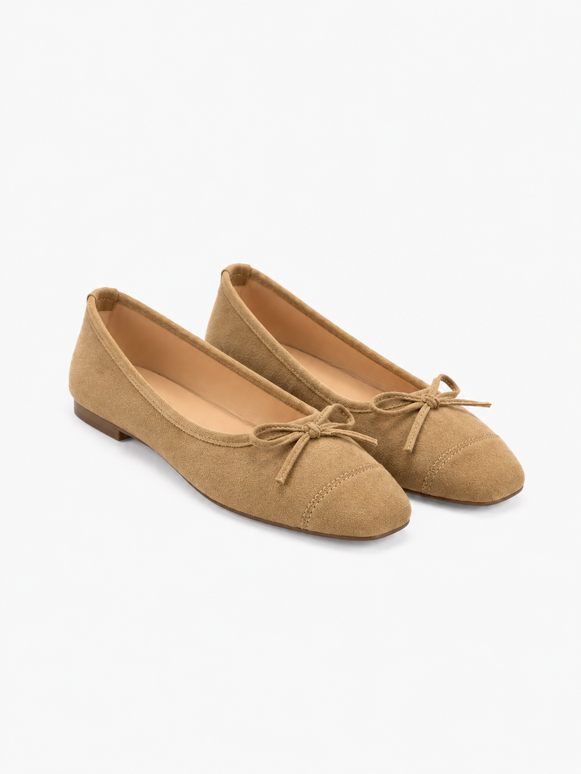 Irina Square Bow Ballerina - Faux Suede Caffe Latte