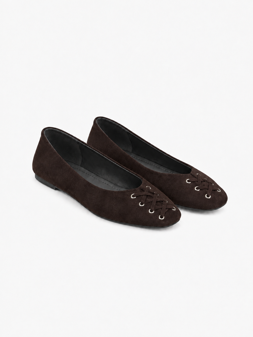 Kira Tie Ballerina - Faux Suede Dark Brown