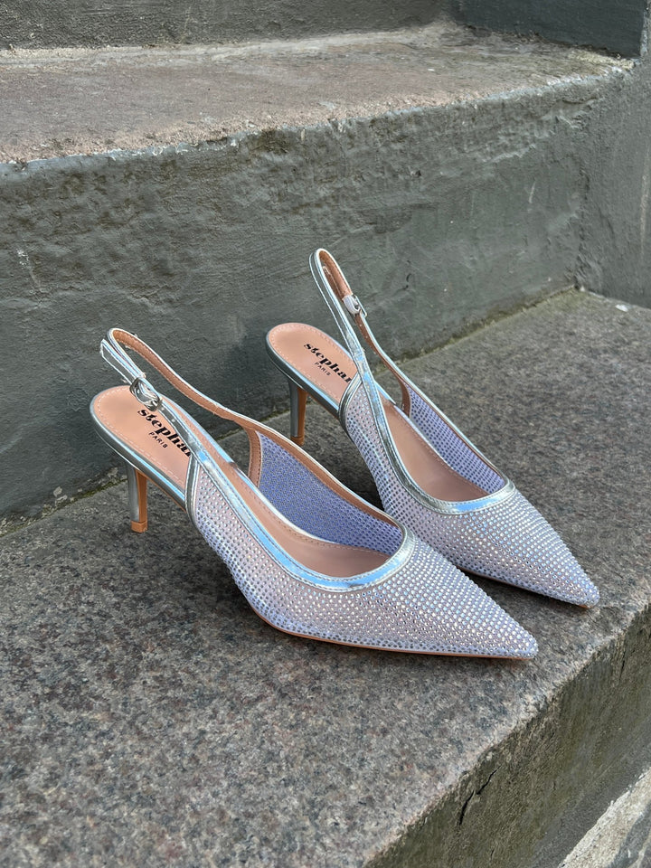 Ariana Sparkling Mesh Slingback Heels - Silver